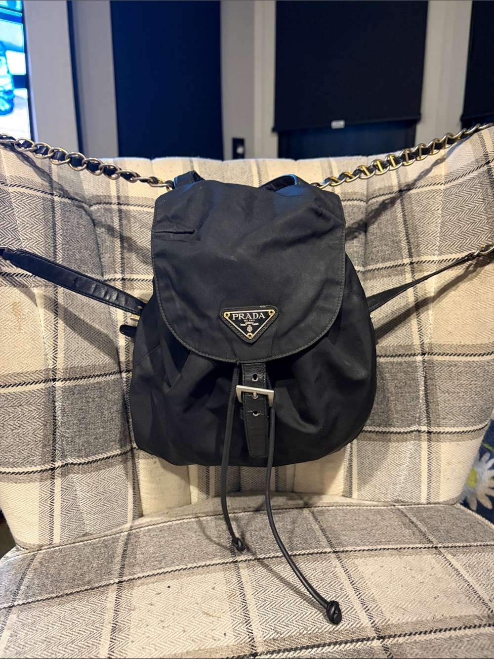 Prada Black Nylon Drawstring Mini Backpack with Gold-Tone Hardware vintage